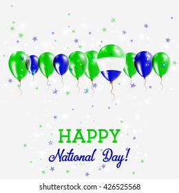 Sierra Leone Independence Day Sparkling Patriotic Poster. Happy Independence Day Card with Sierra Leone Flags, Confetti, Stars, Bokeh and Glitter.