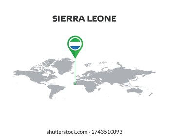 SIERRA LEONE Location Pin on World Map with Flag in Pin's Body