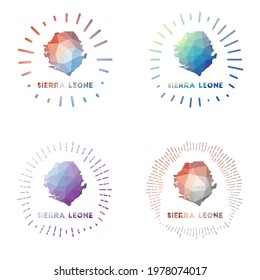 Sierra Leone low poly sunburst set. Logo of country in geometric polygonal style. Vector illustration.