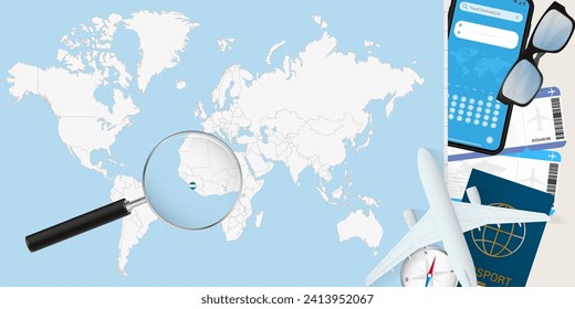 Sierra Leone is magnified over a World Map, illustration with airplane, passport, boarding pass, compass and eyeglasses. Vector illustration.