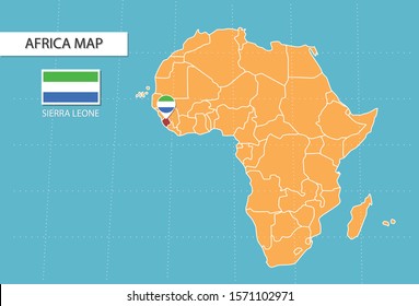 Sierra Leone Karte in Afrika, Symbole zeigen Sierra Leone Lage und Flaggen.