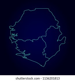 Sierra leone map: blue glitter outline with sparkling stars on dark background. Detailed map of Sierra leone. Vector illustration.