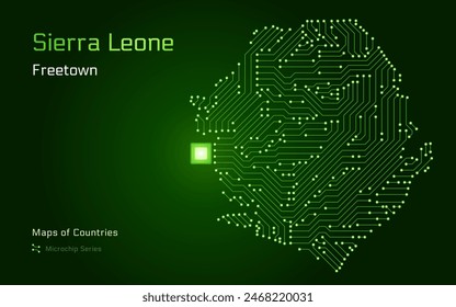 Sierra Leone Map with a capital of Freetown Shown in a Microchip Pattern with processor. E-government. World Countries vector maps. Microchip Series	