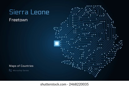 Sierra Leone Map with a capital of Freetown Shown in a Microchip Pattern with processor. E-government. World Countries vector maps. Microchip Series	