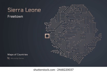 Karte von Sierra Leone mit der Hauptstadt Freetown, dargestellt in einem Mikrochip mit Prozessor. E-Government. In: World Countrys Vektorgrafik Maps. Mikrochipserie	