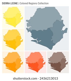 Sierra Leone map collection. Country shape with colored regions. Blue Grey, Yellow, Amber, Orange, Deep Orange, Brown color palettes. Border of Sierra Leone with provinces for your infographic.