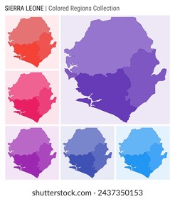 Sierra Leone map collection. Country shape with colored regions. Deep Purple, Red, Pink, Purple, Indigo, Blue color palettes. Border of Sierra Leone with provinces for your infographic.