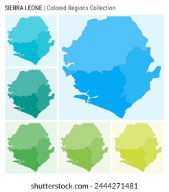 In: Sierra Leone Map Kollektion. Form des Countrys mit farbigen Bereichen. Hellblau, Cyan, Teal, Grün, Hellgrün, Lime-Farbpaletten. Grenze von Sierra Leone mit Provinzen für Ihre Infografik.