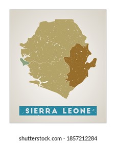 Sierra Leone map. Country poster with regions. Old grunge texture. Shape of Sierra Leone with country name. Cool vector illustration.