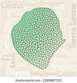 Sierra Leone map design. Country names in different languages and map shape with geometric low poly triangles. Cool vector illustration of Sierra Leone.