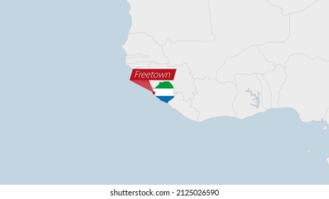 Sierra Leone map highlighted in Sierra Leone flag colors and pin of country capital Freetown, map with neighboring African countries.