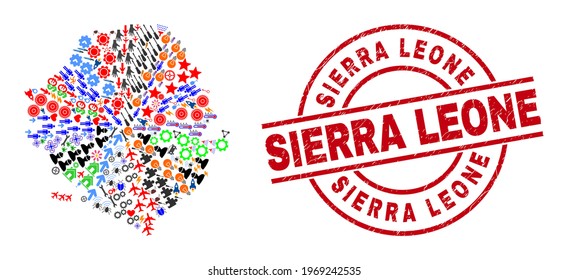 Sierra Leone Karte Mosaik und strukturierte Sierra Leone roten Kreis-Imitation. Die Stempel von Sierra Leone verwenden Vektorlinien und Bögen. Das Mosaik der Sierra Leone-Landkarte enthält Zahnräder, Häuser, Duschen,