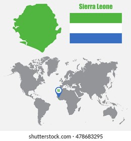 Sierra Leone map on a world map with flag and map pointer. Vector illustration