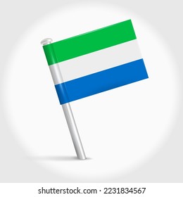 Sierra Leone map pin flag icon. Salone pennant map marker on a metal needle. 3D realistic vector illustration.