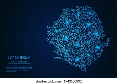 Mapa de Sierra Leona desde estrellas azules y brillantes en un fondo oscuro. Vector eps 10.