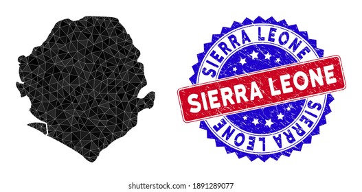 Sierra Leone map polygonal mesh with filled triangles, and rough bicolor rubber seal. Triangle mosaic Sierra Leone map with mesh vector model, triangles have randomized sizes, and positions,
