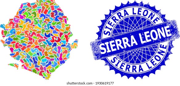 Sierra Leone map template. Spot pattern and scratched stamp seal for Sierra Leone map. Sharp rosette blue stamp seal with text for Sierra Leone map.
