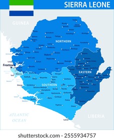 Sierra Leone Map Vector Blue Spot - Customizable layered political map of Sierra Leone with administrative divisions for website, education, reports, news, politics, print, poster