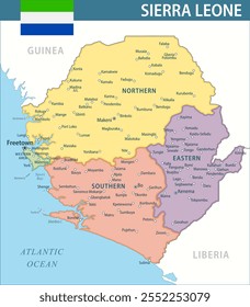 Sierra Leone Map Vector New 2024 Colorful - Customizable layered political map of Sierra Leone with administrative divisions for website, education, reports, news, politics, print, poster