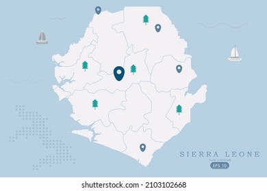 Sierra Leone Map -World Map International vector template High detailed with white color isolated on blue background including simple point of location, tree, boat icon - Vector illustration eps 10