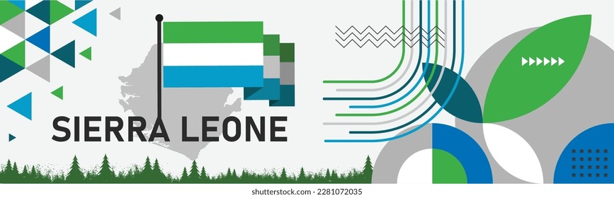 Sierra Leone national day banner with map, flag colors theme background and geometric abstract retro modern green white blue design. Sierra Leone flag Africa Vector Illustration.