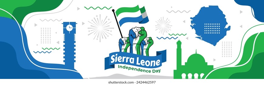 Sierra Leone national day banner with map, flag colors theme background and geometric