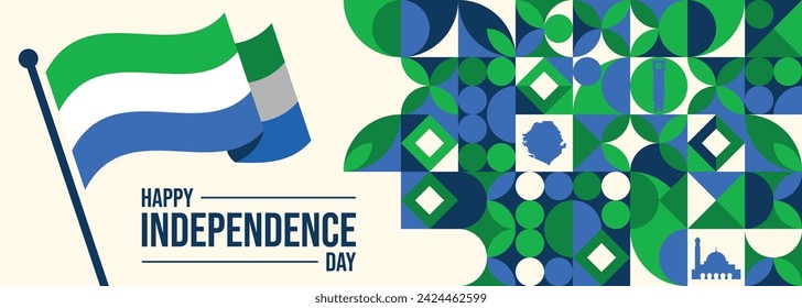 Sierra Leone national day banner with map, flag colors theme background and geometric