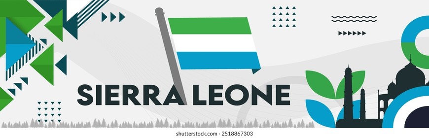 Sierra Leone national day banner with flag theme background and geometric abstract retro modern design. Sierra Leone flag Africa Vector Illustration.