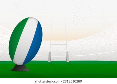 Sierra Leone national team rugby ball on rugby stadium and goal posts, preparing for a penalty or free kick. Vector illustration.