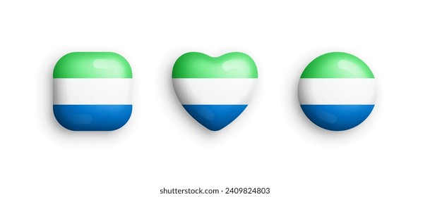 Sierra Leone Official National Flag 3D Vector Glossy Icons In Rounded Square, Heart And Circle Form Isolate On White. Sierra Leonean Sign And Symbols Design Elements Volumetric Buttons Collection