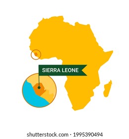 Sierra Leone on an Africa s map with word Sierra Leone on a flag-shaped marker. Vector isolated on white.