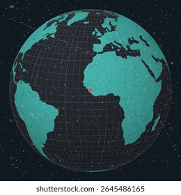Serra Leoa no Globo. Olhar vintage com textura grunge riscado. Mapa do mundo no mapa da paleta de cores de Turquesa a carvão escuro. Serra Leoa em forma no mapa. Globo com meridianos e paralelos.
