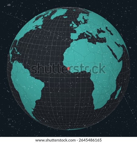 Sierra Leone on Globe. Vintage look with grunge scratched texture. Country view on world map in Dark Charcoal Turquoise color palette. Sierra Leone shape on map. Globe with meridians and parallels.