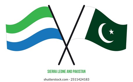 Sierra Leone und Pakistan Fahnen gekreuzt und winkend flachen Stil. Offizieller Anteil. Korrekte Farben.