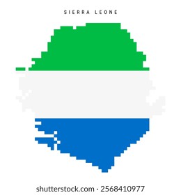 Sierra Leone pixel flag map icon. 8 bit pixel art Salone map covered with flag. Flat vector illustration isolated on white background.