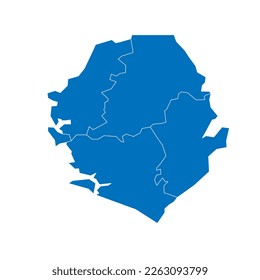 Sierra Leone political map of administrative divisions - provinces and one area. Solid blue blank vector map with white borders.