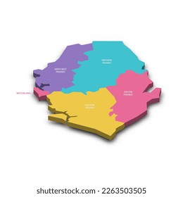 Sierra Leone political map of administrative divisions - provinces and one area. Colorful 3D vector map with dropped shadow and country name labels.