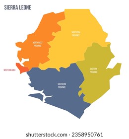 Sierra Leone political map of administrative divisions - provinces and one area. Colorful spectrum political map with labels and country name.