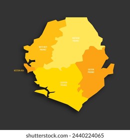 Sierra Leone political map of administrative divisions - provinces and one area. Yellow shade flat vector map with name labels and dropped shadow isolated on dark grey background.