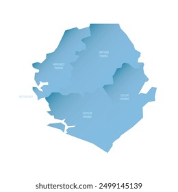 Sierra Leone politische Karte der Verwaltungseinheiten - Provinzen und ein Gebiet. Schattierte Vektorkarte mit 3D-ähnlichem blauem Farbverlauf und Namensschildern