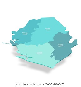 Mapa político de Serra Leoa das divisões administrativas - províncias e uma área. Mapa de vetor turquesa 3D com rótulos de nome.