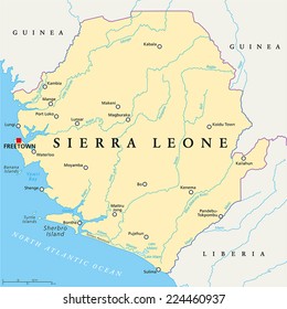 Sierra Leone Political Map with capital Freetown, national borders, important cities, rivers and lakes. English labeling and scaling.