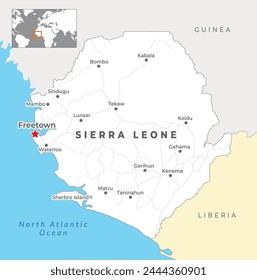 Sierra Leone Politische Karte mit der Hauptstadt Freetown, die wichtigsten Städte mit nationalen Grenzen