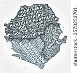 Sierra Leone regions word cloud in a typographic style, shaped like the country on a textured background. Vibrant vector illustration.