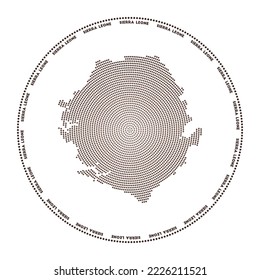 Rundlogo von Sierra Leone. Die Form von Sierra Leone im digitalen Stil in gepunkteten Kreis mit dem Namen des Landes. Das technische Symbol des Landes mit gestuften Punkten. Kreative Vektorgrafik.
