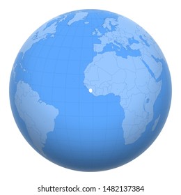 Sierra Leone (Salone) on the globe. Earth centered at the location of the Republic of Sierra Leone. Map of Sierra Leone. Includes layer with capital cities.