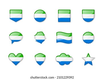 Sierra Leone - set of shiny flags of different shapes. Vector illustration