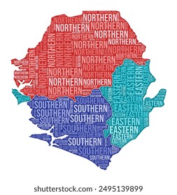 In: Sierra Leone Shape. Country-Wortwolke mit Regionsteilung. Sierra Leone farbige Illustration. Regionsnamen Wolke. Vektorillustration.