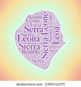 Sierra Leone shape formed by country name in multiple languages. Sierra Leone border on stylish striped gradient background. Vibrant poster. Creative vector illustration.