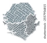 Sierra Leone shape text cloud. Country border with shadow on white background. Sierra Leone with regions division in vintage gazette style. Awesome vector illustration.